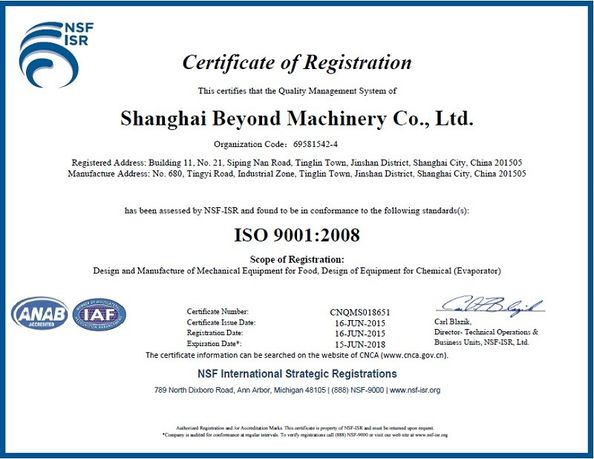 Chiny Shanghai Beyond Machinery Co., Ltd Certyfikaty